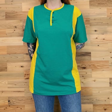 Vintage Colorblock Green and Yellow Soft Henley Tee Shirt T-Shirt 