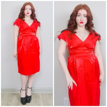 1970s Vintage Red Shiny Wiggle Dress / 70s / Seventies Plunging Neck Wrap Skirt Silky Bombshell Dress / Size Large 