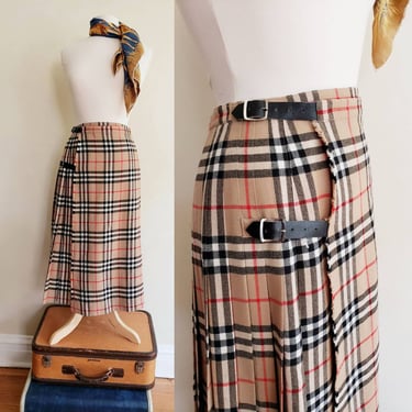 1970s Burberry Skirt Signature Plaid Wrap Around Kilt Archive Beige / 70s Designer British Tartan House Check Pleated Midi Skirt / M Abigail 
