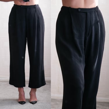 Vintage 90s SONIA RYKIEL Black Puckered Rayon Blend High Pleated Waist Cropped Wide Leg Pants | Made in France | 1990s French Designer Pants 