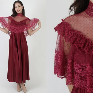 Long Burgundy Grecian Goddess Dress / Vintage 70s Victorian Lace Capelet / Sheer Floral Gothic Medieval Maxi Dress 