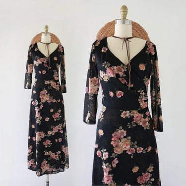 black floral dress - s/m - vintage womens y2k 90s dark floral size small medium long sleeve maxi dress 