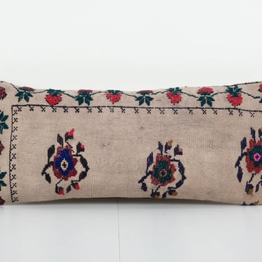 Vintage Aubusson Copper Floral Turkish Kilim Cushion | 12" x 28"