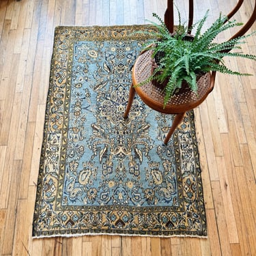 Blue Gold & Green Hand Knotted Vintage Rug