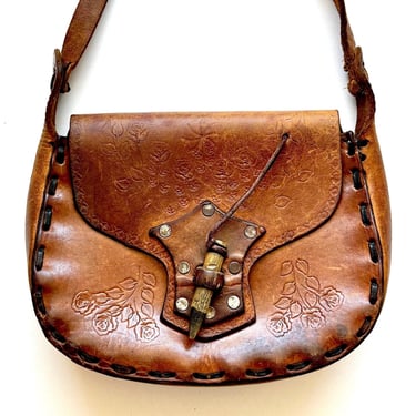 Vintage 70s Hand Tooled Leather Hippie Boho Shoulder Bag // 1970s Stamped Handbag Purse 