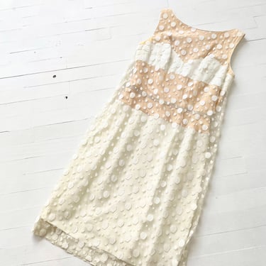 1960s Illusion Wiggle Dress with Net Polka Dot Overlay and Rhinestone Waist 
