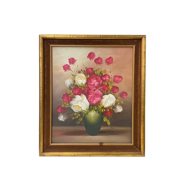 Oil Paint Canvas Art Pink White Blossom Roses Gold Color Frame Painting ws3453E 