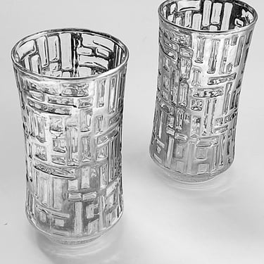 2 Libbey platinum Artica glasses. Mid Century modern glassware sized for highball cocktails. Sexy MCM brutalist barware gift ideas 