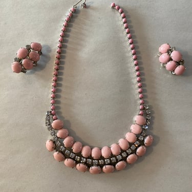 1950s necklace set, by Gale, pink milk glass, vintage jewelry, bridal, Demi parure, mrs maisel style, cocktail jewelry, rockabilly, wedding 