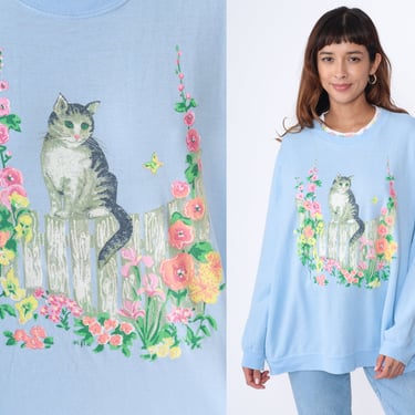 Floral Cat Sweatshirt 90s Garden Kitten Sweater Baby Blue Flower Graphic Shirt Kitty Crewneck Kawaii Cute Vintage 1990s 1x Extra Large xl 