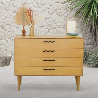 George Nelson Style Blonde LowBoy Four drawer dresser with squiggly pulls