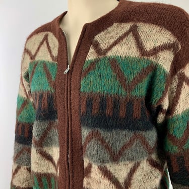 1950'S MOHAIR Zip Cardigan - by CAMPUS - Pure Wool and Mohair - Bold Zig Zag Pattern - Chocolate, Green, Beige, Gray & Black - Men's Large 