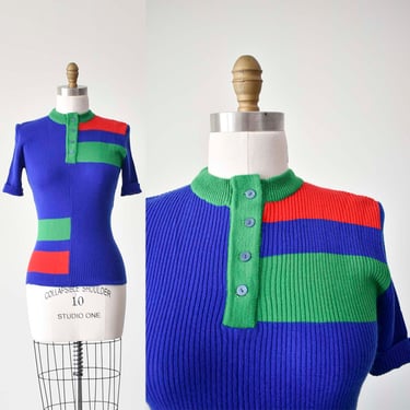 1960s Knit Tshirt / Vintage Knit Top / Vintage Sweater / Blue Knit Color Block Sweater /Dead Stock 1960s Sweater / 1960s Primary Sweater 
