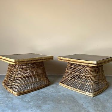 Vintage Bohemian Rattan Buri Square Side Tables - a Pair 