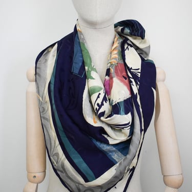 1980s Silk Floral and Geometric Scarf 