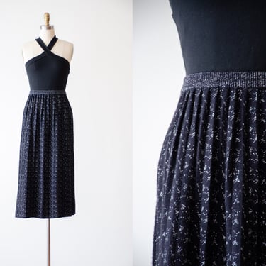 black wool knit skirt | 90s plus size vintage black silver dark academia pleated skirt 