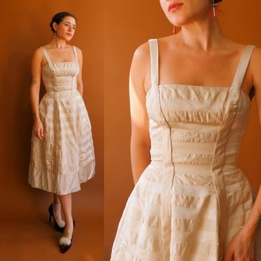 Vintage 50s Helena Barbieri Ivory Silk Striped Dress/ 1950s Fit and Flare Silk Taffeta Wedding Dress/ Size XS 24 