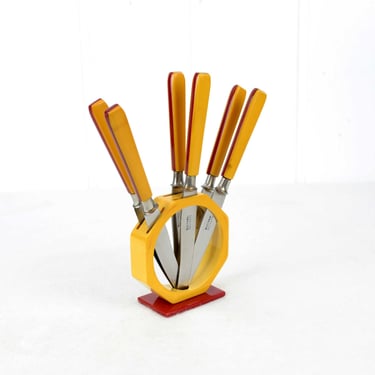 Art Deco Fruit Knife Set Catalin Bakelite Solingen Stainless Steel Butterscotch Honey Amber Colors Fruit Knife Vintage Design 30s 40s Faturan 