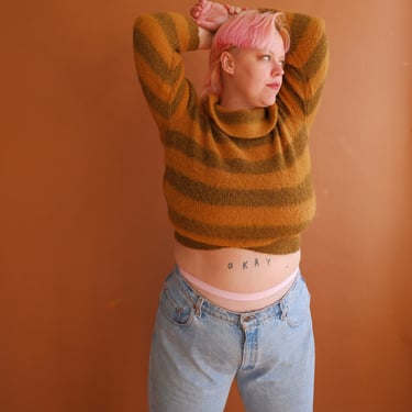 Vintage 60s Striped Cowl Neck Sweater/ 1960s Mustard Brown Wide Stripes/ Size Large XL Plus Size 