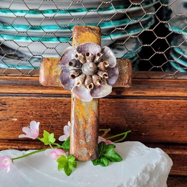 Vintage Pottery Cross with Sea Shells 