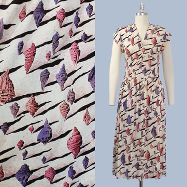 1940s Dress / 40s Surrealist Seashell Print Jersey Dress / Dali Inspired 