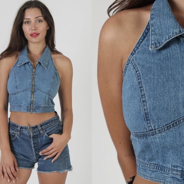 Metal Zip Up Denim Crop Top, Vintage 70s Blue Jean Short Blouse, Boho Vest With Butterfly Collar 