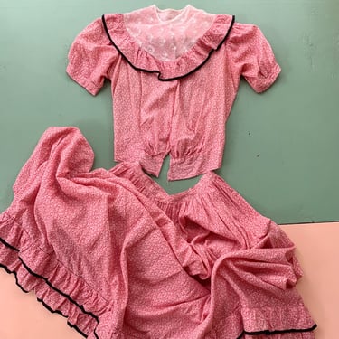 1910s Pink Calico Puff Sleeves Dress Set - Size XS/S/M