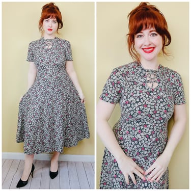 1990s Vintage Maggie Lawrence Cotton Floral Dress / 90s Grunge Knit Fit and Flare Midi Dress / Size Large 