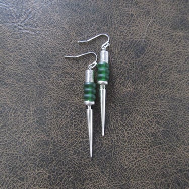 Green frosted glass earrings, silver spike 