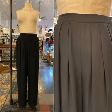 1980s high waist pants, Anne Klein, vintage trousers, black silk, pleated pants, dress pants, 27 waist, sheer chiffon, classic, minimalist 