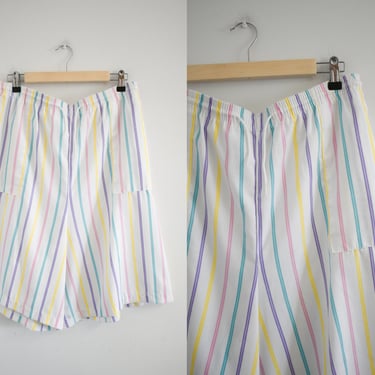 1980s White and Pastel Striped Culotte Shorts 