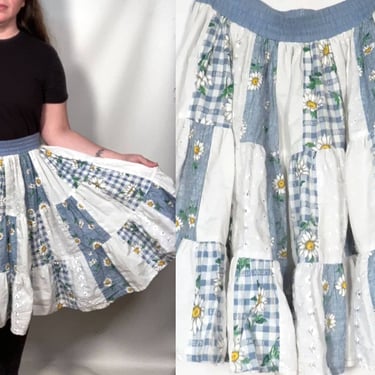 Vintage 90s Plus Size Daisy Print Full Circle Midi Skirt Prairie Patchwork Square Dance Skirt Size L/XL 