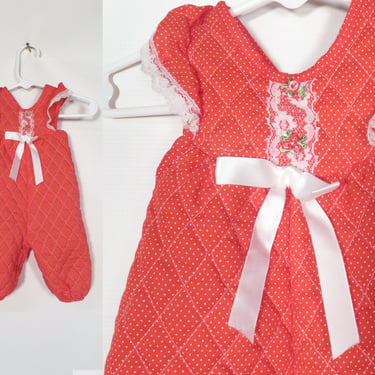 Vintage 80s Baby's First Christmas Red With White Polka Dots Quilted Onesie Made In USA Size 0-6M 