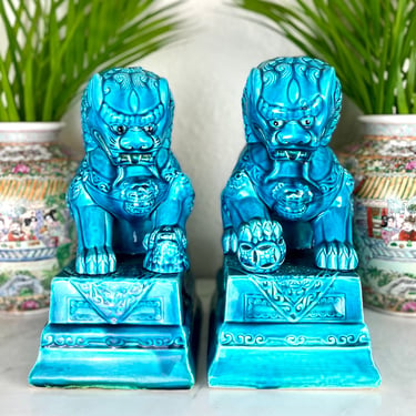 Pair of Vintage Foo Dogs | Turquoise Foo Dogs | Foo Lions | Asian Lions | Chinoiserie Statues 