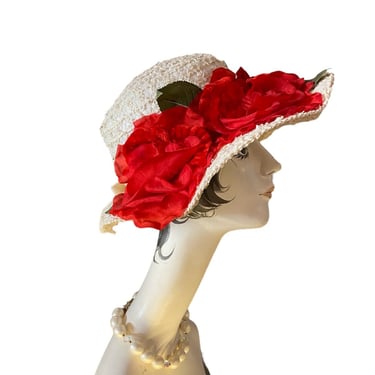 1950s summer hat, wide brim, white straw, vintage 50s hat, red roses, mid century millinery 