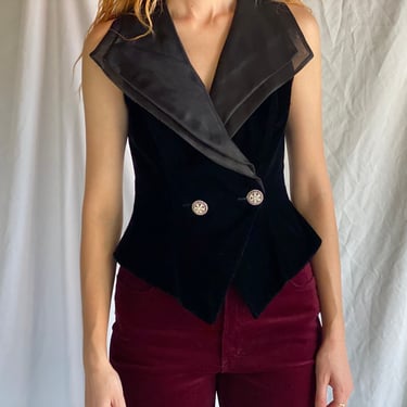 90s Velvet Top / Velvet Party Sleeveless Jacket / Nipped Waist / Large Chiffon Collar / Rhinestones / 80's Velvet Jacket / Avant Garde 