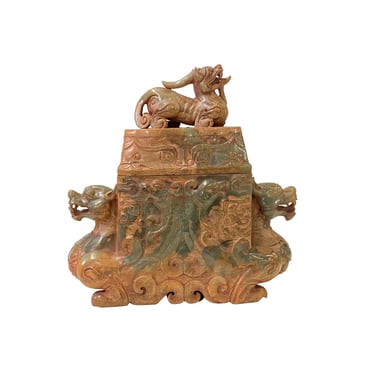 Chinese Stone Carved Tan Green Rectangular Pixiu Incense Burner Display ws3150E 
