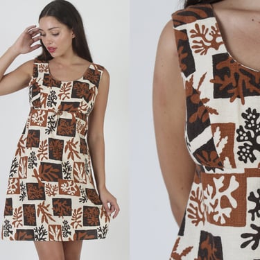 Vintage Hawaiian Tribal Print Mini Dress, 70s Cotton All Over Print Luau Sundress, 60s High Waisted Tiki Party Outfit 