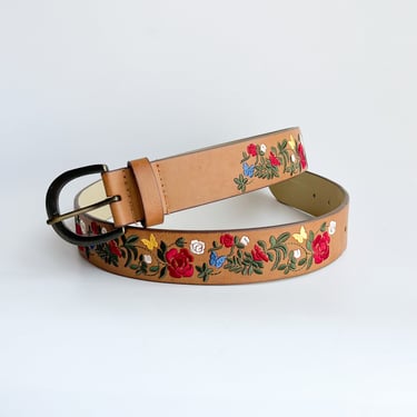 Modern Brown Leather Floral Embroidered Belt