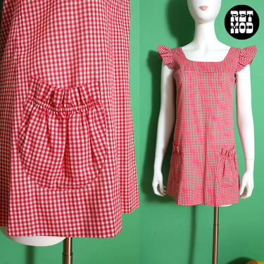 Mod Cutie Vintage 60s 70s Red Gingham Tunic Top with Flutter Sleeves 