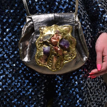 ART GEM Stone Brass Metallic Leather Vintage 80s  Crossbody Bag Signed 