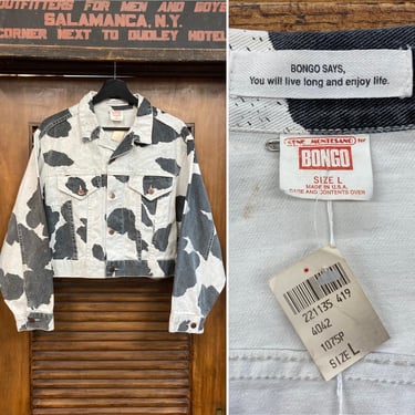Vintage 1980’s -Deadstock- “Bongo” Cow Animal Print New Wave Cropped Denim Jacket, 80’s Trucker Jacket, Vintage Clothing 