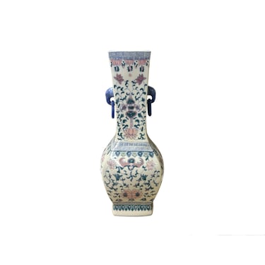 Vintage Oriental Porcelain White Blue Pink Color Flower Bats Graphic Art Vase ws3847E 