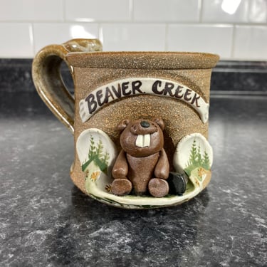 Vintage Beaver Creek Colorado Stoneware Coffee Mug, Hand Made Ceramic Carved Beaver Pottery Mug, Travel, Beaver Creek Resort Studio Pottery 