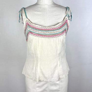 Vintage 50s 1950s Southwestern White Camisole Cami Tank Top Metallic Patio Blouse Top Fiesta Mexican Native Rockabilly Silver Pin Up Small 