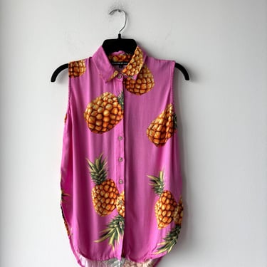 Y2K Molokai Surf Co. Top Pink Pineapple Button Up Sleeveless Women Small Novelty 