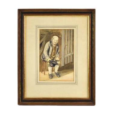 19th Century English Watercolor Old Man on Stool with Cane and Hat 