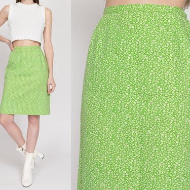 XS 70s Evan Picone Green Floral Pencil Skirt 24" | Vintage High Waisted Boho Calico Mini Skirt 