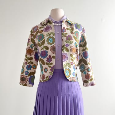 Sweet 1960's Linen Floral Print Cropped Jacket / Sz M