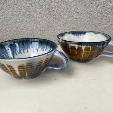 Vintage set 2 wide mugs pottery blue grey brown signed 